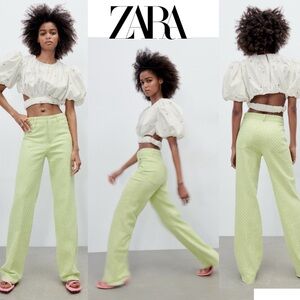 Zara lime green gingham checkered straight leg high waisted pants Sz S NWOT